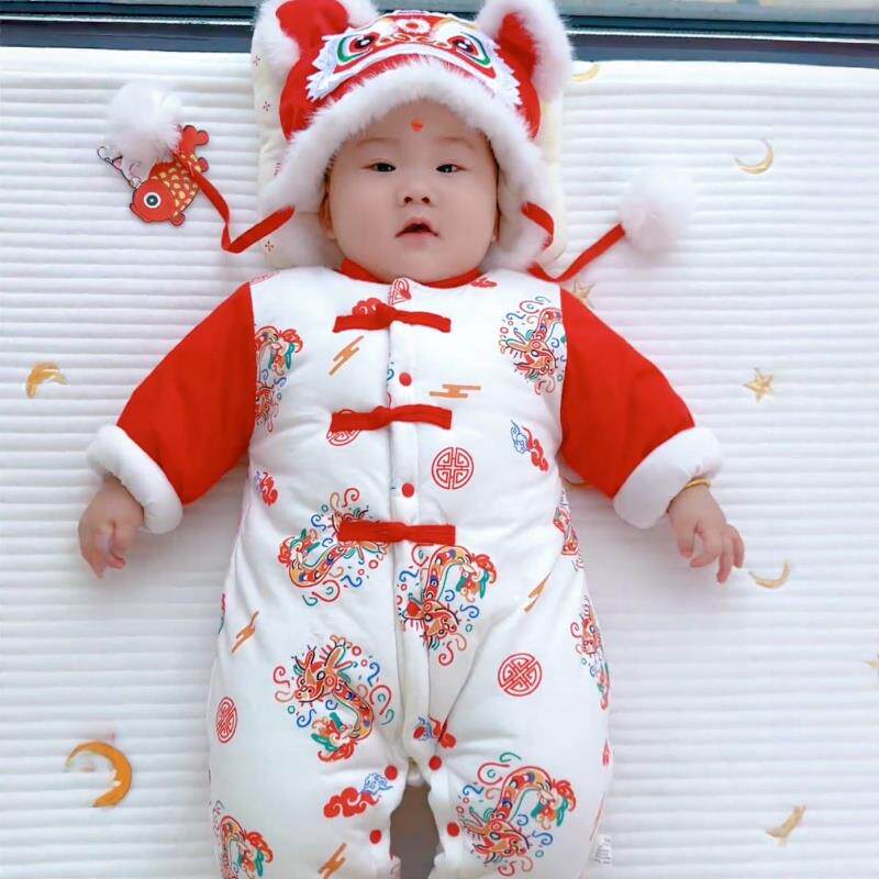宝宝周岁男礼服夹棉加厚保暖连体衣外出棉服女婴儿百天抓周拜年服