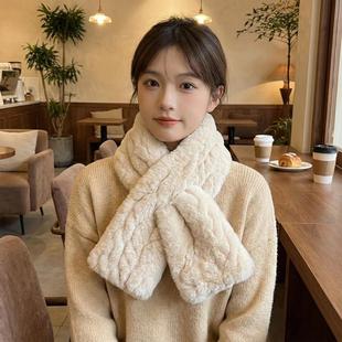 加厚版软糯毛毛围脖女纯色百搭交叉短款仿雷克斯兔围巾秋冬毛领子