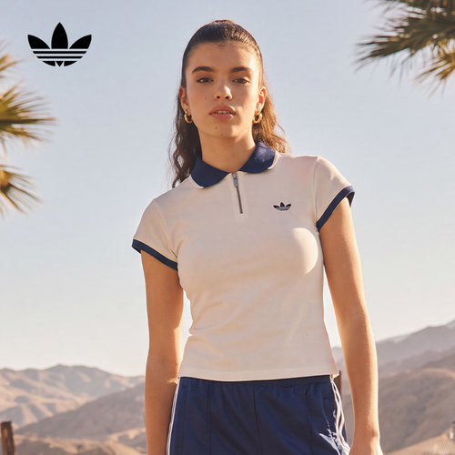 adidas阿迪达斯三叶草2026秋女撞色修身T恤运动短袖POLO衫 KS7357
