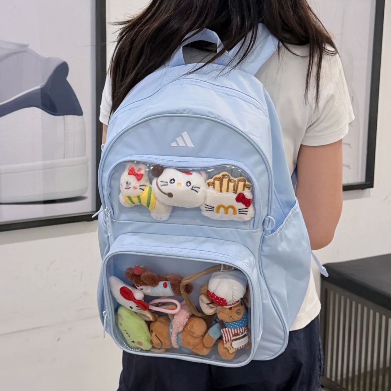adidas阿迪达斯中性多巴胺风透明前袋休闲双肩背包娃包 LF1696