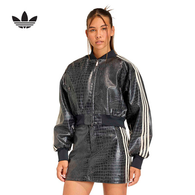 adidas阿迪达斯三叶草三条纹短款外套新款春女质感PU皮夹克KE5035