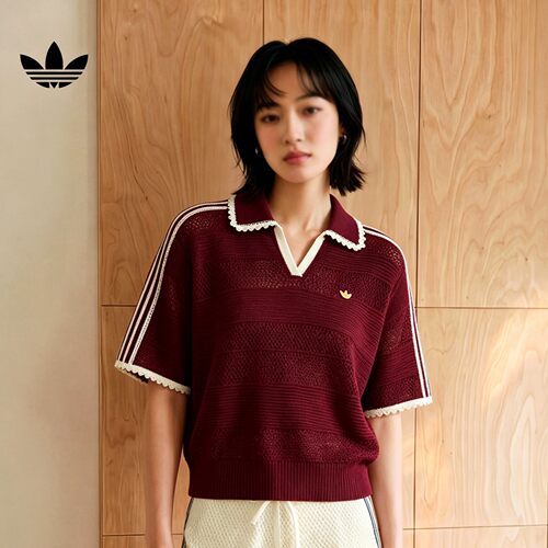 阿迪达斯三叶草秋女南法假日度假风镂空针织休闲短袖POLO衫KX0714