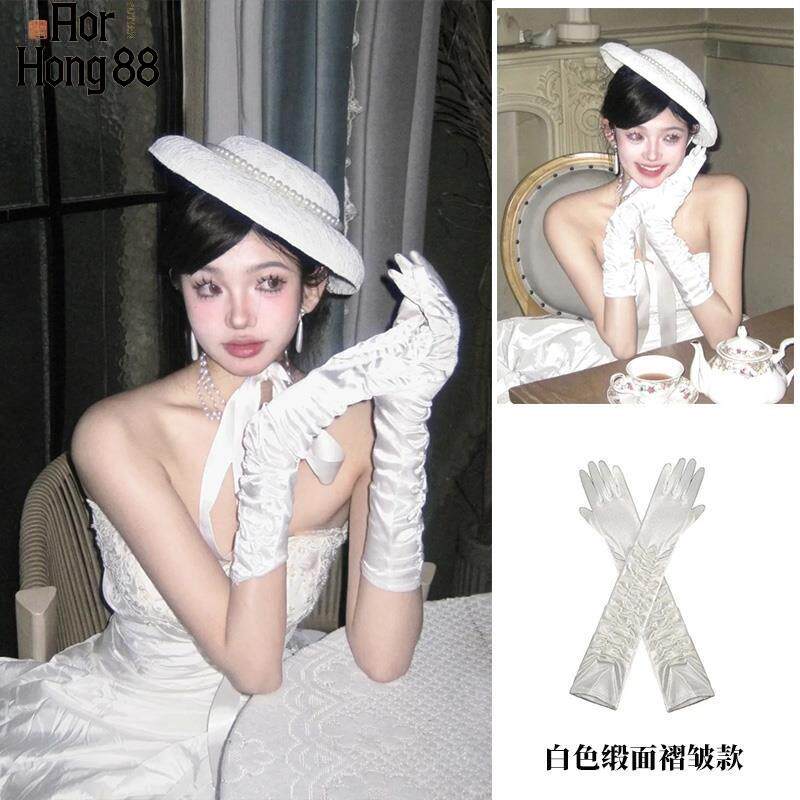 手套缎面长版白色蕾丝烫钻女生新娘婚纱礼服生日氛围写真手袖COS