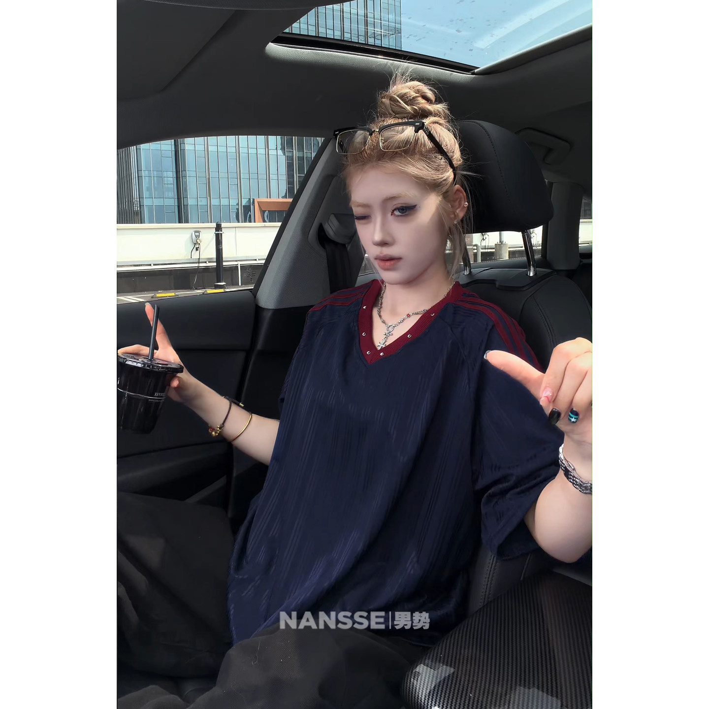 撞色条纹美式复古V领短袖T恤男女夏季潮牌宽松百搭五分袖球衣上衣