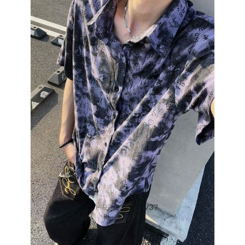 复古宽松透气短袖衬衫男