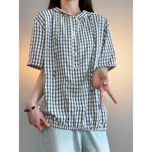 夏季清凉韩系连帽格子短袖衬衫男