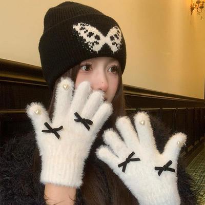 可爱白色毛绒手套女冬季骑车加厚保暖防寒自行车骑行女生冬天女士