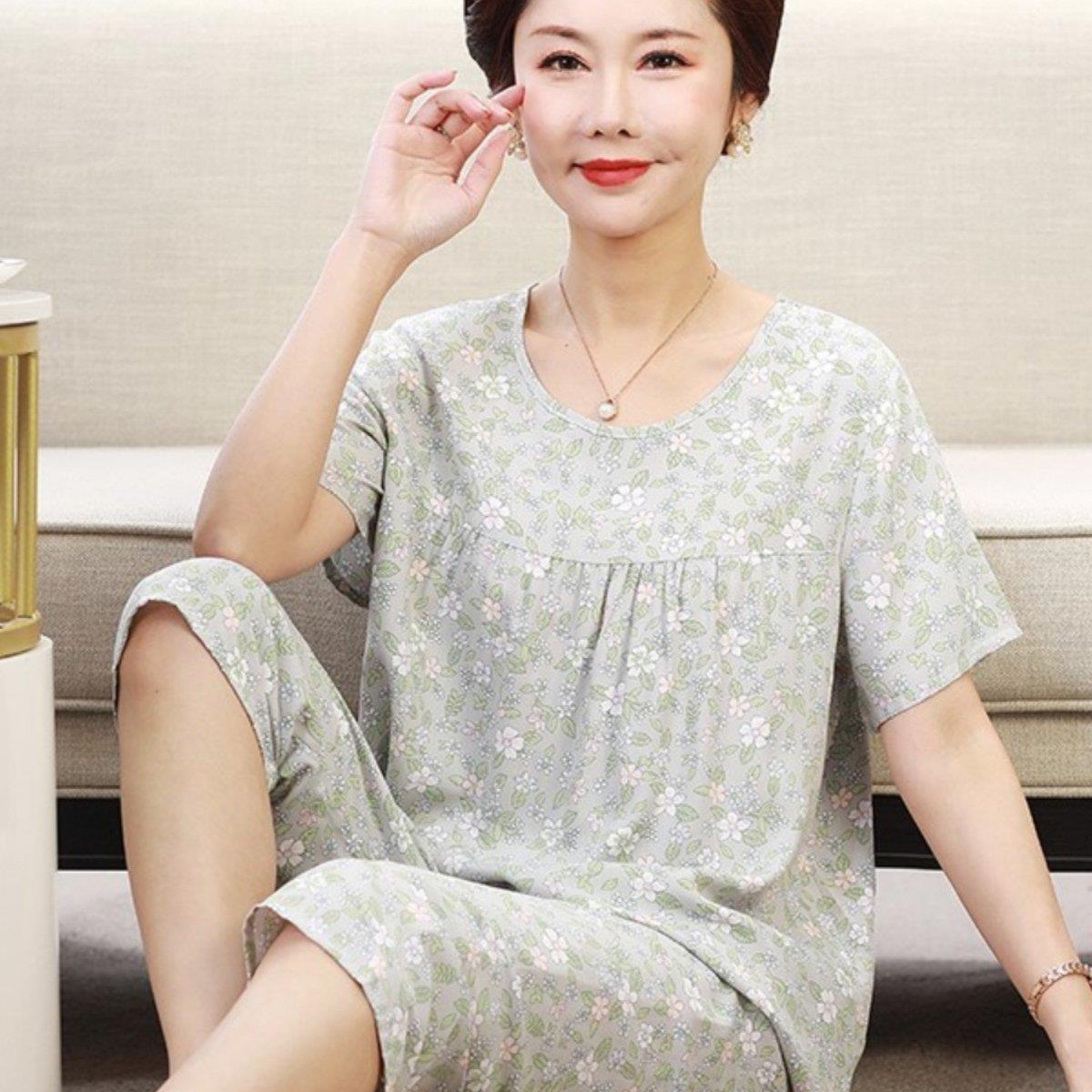 中老年睡衣女妈妈夏季绸短袖婆婆薄款休闲女装宽松家居服套装