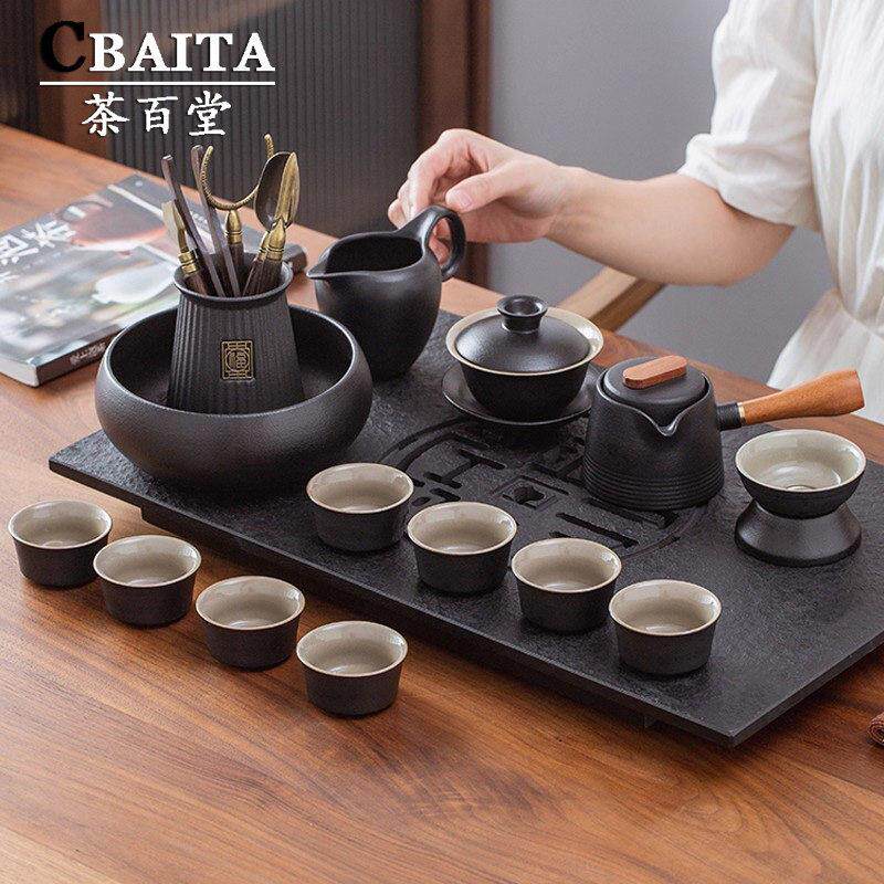 乌金石茶盘日式茶壶黑陶功夫茶具套组家用轻奢办公室会客整套礼盒
