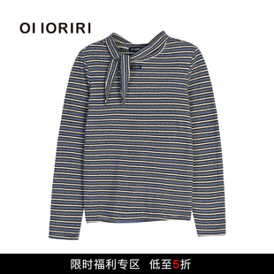 飘带条纹T恤系带套头上衣长袖 OIIORIRI 打底衫 5折限时福利款