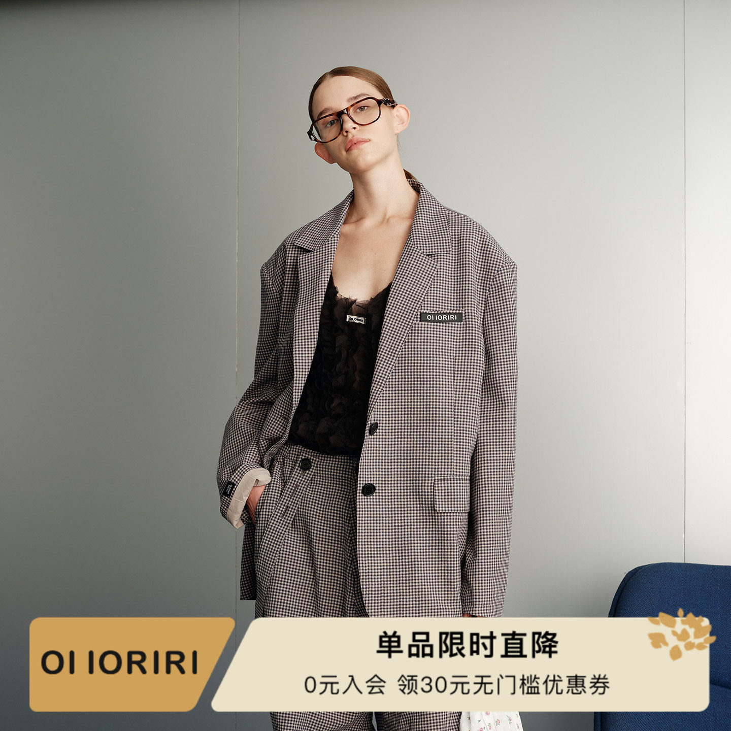 OIIORIRI纯棉复古格子西装外套