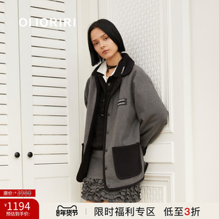 【3折限时福利款】OIIORIRI 灰色翻领上衣长袖纽扣外套拼色棉服女