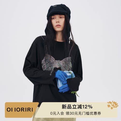 OIIORIRI蝴蝶结烫钻圆领T恤