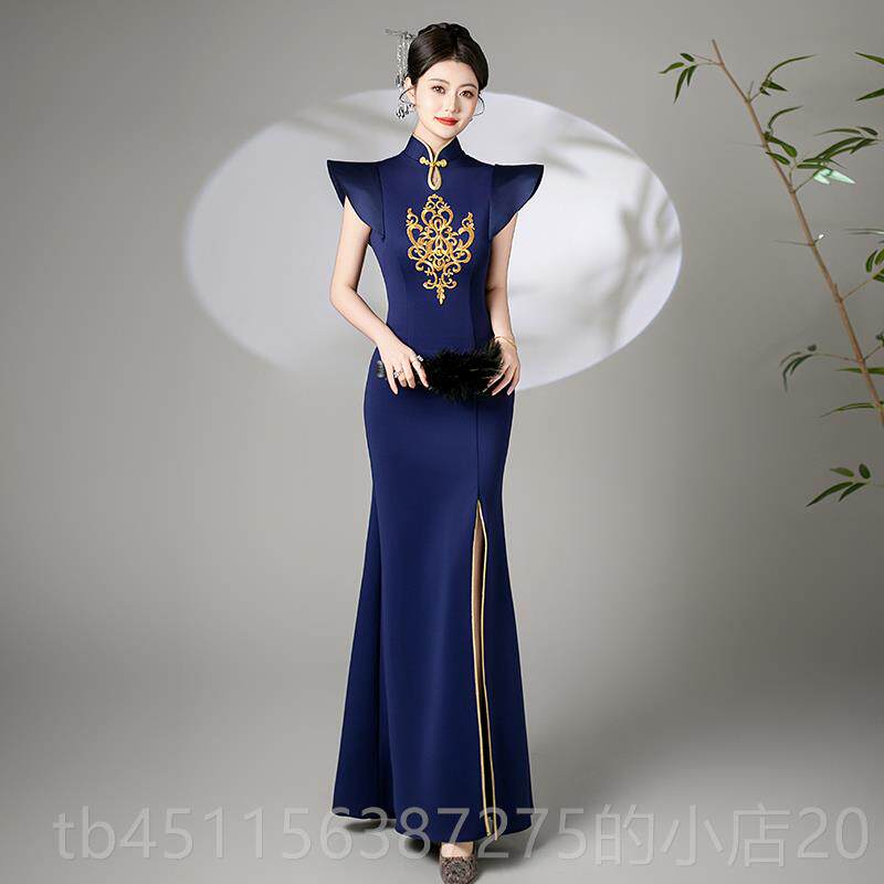 正品诗茉225高开端晚礼服复古中式改良旗袍裙贝鱼0尾叉长款走秀演