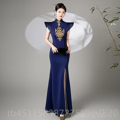 正品诗茉225高开端晚礼服复古中式改良旗袍裙贝鱼0尾叉长款走秀演