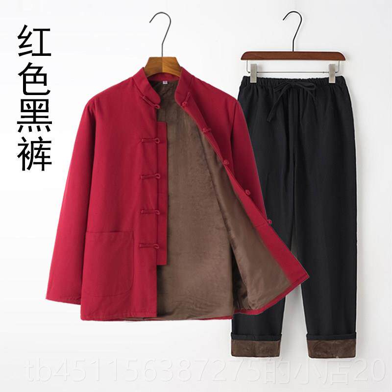 高档国风唐装中老年男棉士纯里绒保暖套中装中国风覆古棉秋大衣外