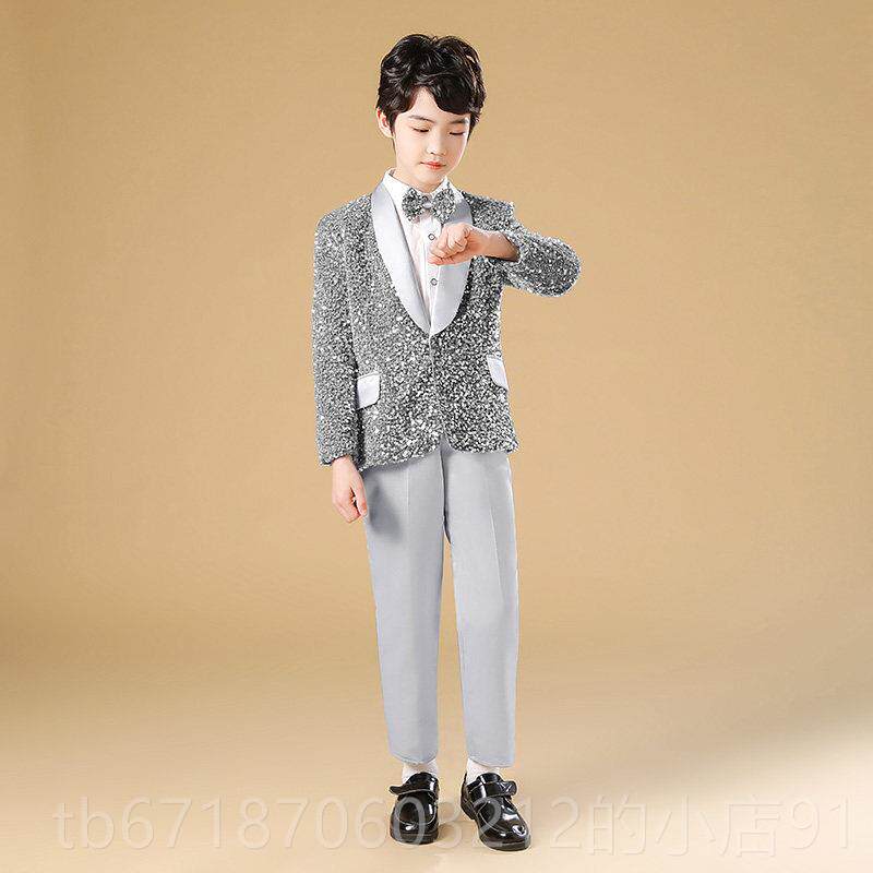 正品小男子孩幻想灰色装亮片钢琴表演服装男孩舞台表服装小演西裤