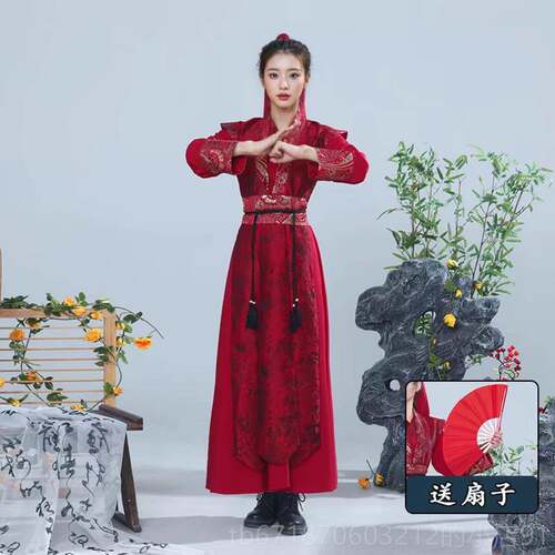高档成人古典扇日舞服装色装节鼓乐服装古代服红木兰骑士雪龙吟舞