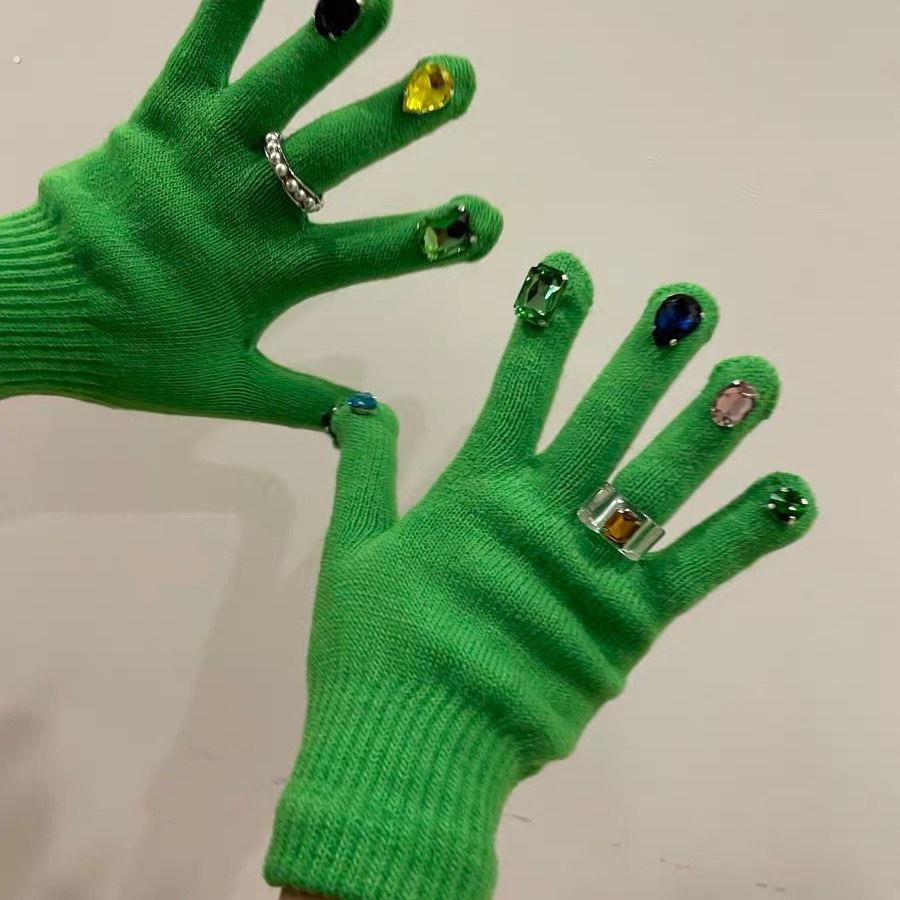 自带美甲的手套砖石钻石宝石保暖针织创意五指手套冬钻戒带钻分指