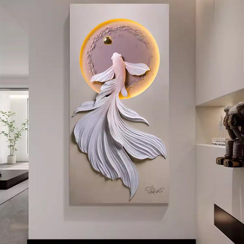 玄关九鱼图立体浮雕装饰画带灯简约现代轻奢高档入户走廊过道挂画,家居饰品,氛围画/灯画,淘宝优惠券,粉丝福利购,淘宝优惠卷