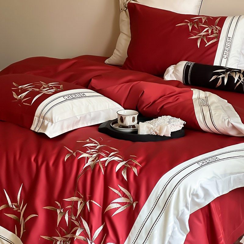 中式风婚庆澳棉全棉四件套国风竹子刺绣纯棉结婚被套喜嫁床品红色