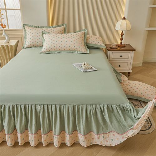 新款高档全棉花边双层纱床裙三件套纯棉纯色双拼花边床罩床单单件