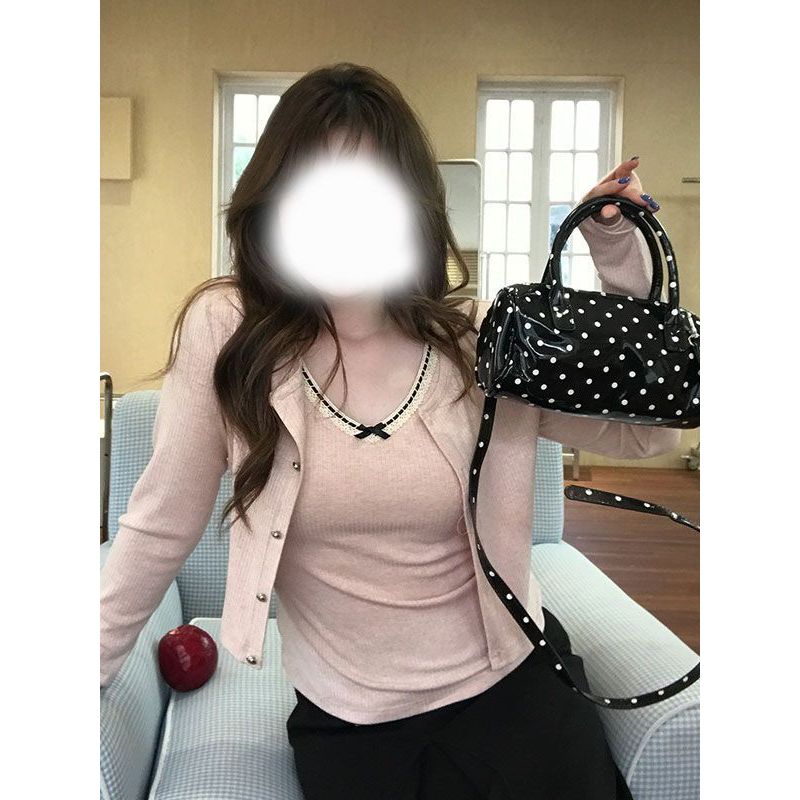 欲甜美风吊带背心长袖开衫套装两件套