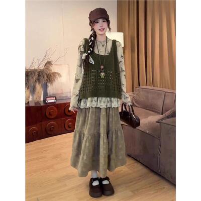 大码女装胖mm秋季新款韩系宽松显瘦百搭针织马甲背心+打底衫套装