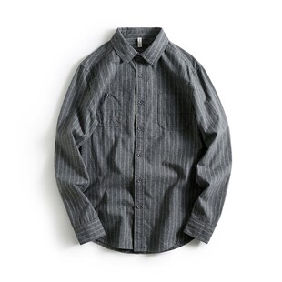 新款 衬衫 男士 尖领长袖 日系复古磨毛面料深色系竖条纹修身 2020秋季