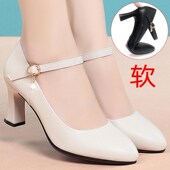 真皮白色一字扣带高跟配旗袍跳舞中年妈妈鞋 工作皮鞋 单鞋 春季 女鞋