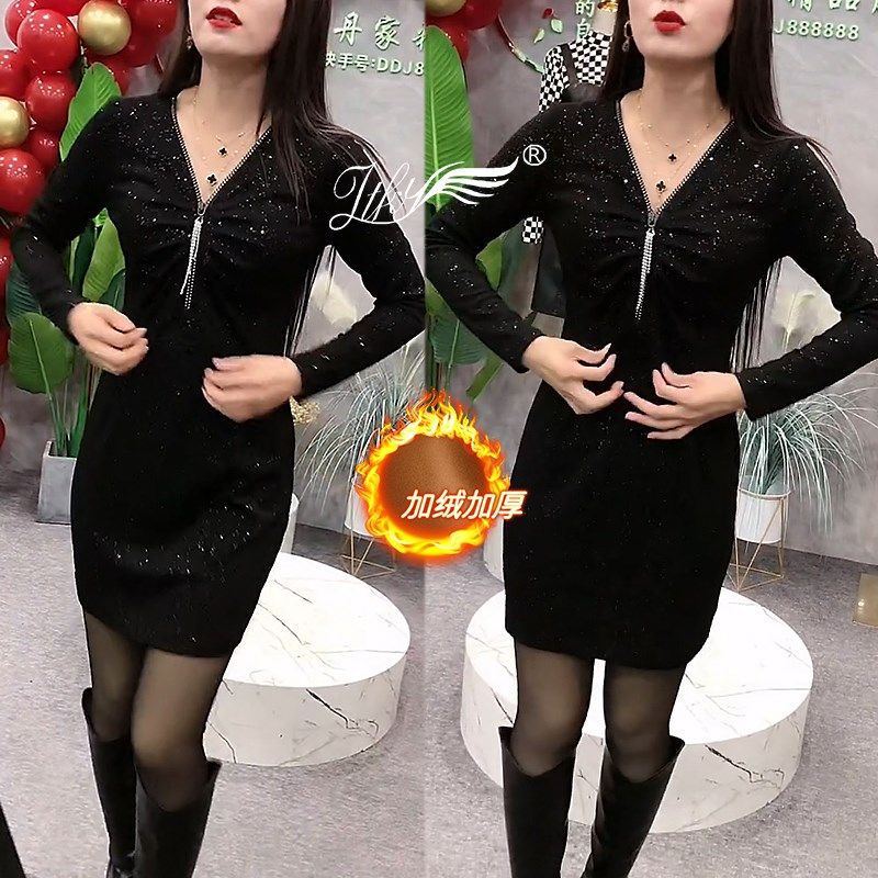 网红款星空时尚加绒连衣裙女秋冬新款洋气显瘦V领拉链长袖裹臀裙