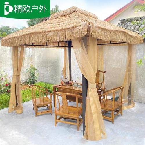 户外稻草凉亭庭院农庄四角茶水亭四柱亭假毛草遮阳棚仿真茅草凉亭