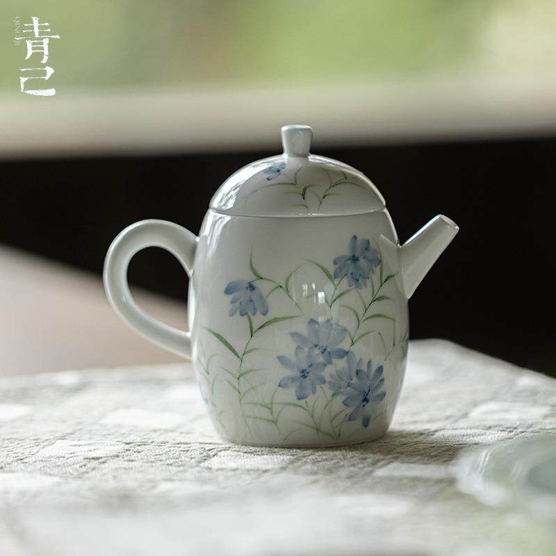 青己玉泥手绘蓝花茶壶功夫茶具家用陶瓷泡茶壶球孔过滤薄胎龙珠壶