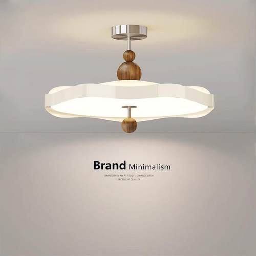 奶油风中古侘寂风卧室吊灯全光谱飞碟灯法式胡桃木纹房间主卧吸顶