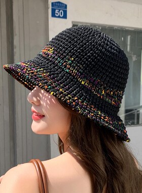 新款彩色编织大檐遮阳盆帽女韩版时尚显脸小百搭水桶帽休闲渔夫帽