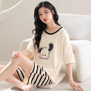 新款 短裤 可外穿夏季 薄款 睡衣女夏款 休闲两件套家居服套装 棉质短袖