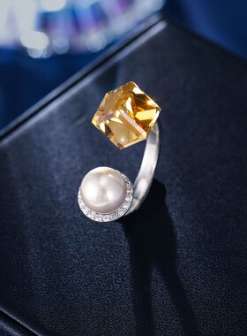奢华个性创意中古戒指女镶水晶珍珠时尚立体可调节开口食指戒配饰