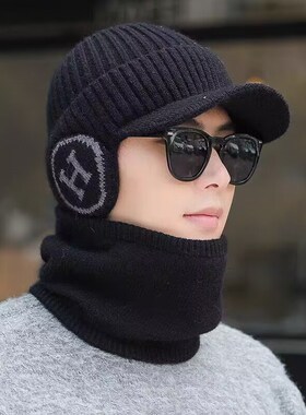 帽子男冬季保暖护耳毛线帽男士骑行加绒加厚防寒鸭舌针织套帽潮