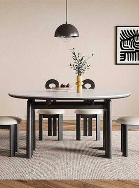 中古黑色实白色岩板可伸缩折餐XVJ风叠桌法式小户形方可变圆功能