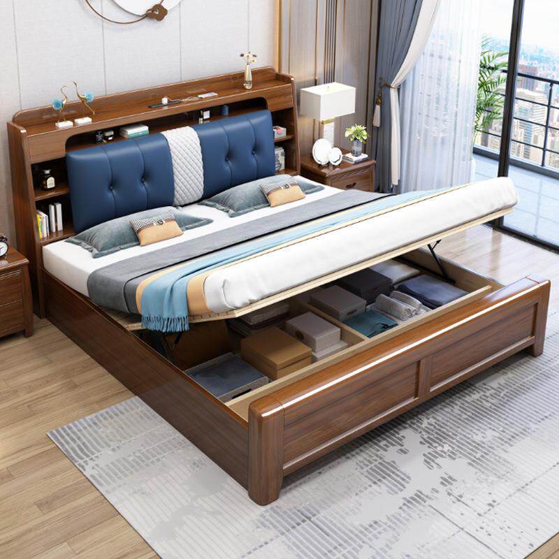 035胡桃木实木双人床15.8米代简约软包1.带床抽屉床储物婚现床