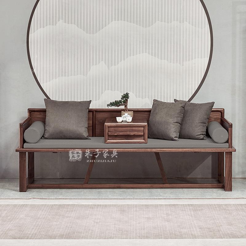 黑胡桃MLT木新中实木罗沙汉床发罗汉厅榻式客现代榆木贵妃榻卧榻