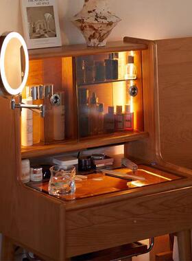 实化木梳妆台日式款卧室窄户型led小XNW灯梳妆台复古中古樱桃木妆