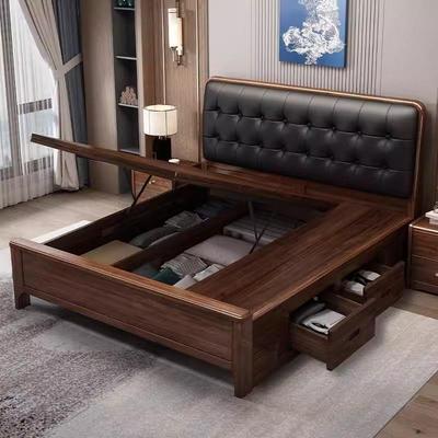 黑色软包靠背实床胡结桃木1米5的床现构代VGH简约榫木卯家用带储