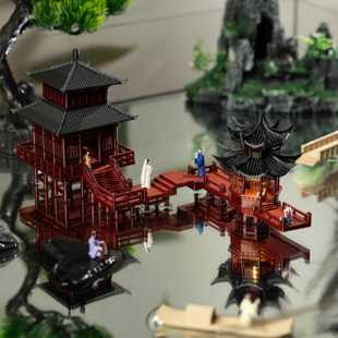 陆行筑云阁带灯凉IHC亭带灯造景小摆件假山奇石水缸鱼庭院古建缸