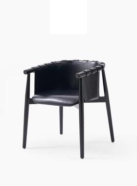 式简极厅实木餐椅家用意马鞍皮扶ONB手椅中古风客休闲椅白蜡木椅