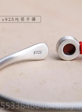 高档文艺9口25银细手镯亚众光实心开镶嵌南纯红玛瑙小设计中式手