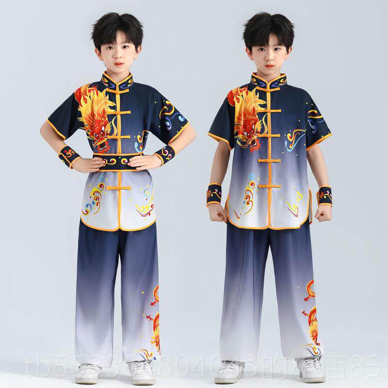 高档儿馆童童武术服装表演服练功男女短袖武术操学生武训练演太长