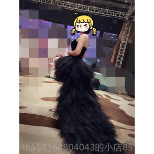 高档色晚黑礼服短款显蓬瘦羽毛抹胸短生日派对演出酒会裙礼服蓬小