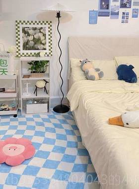 高档I厅N扭曲棋盘格照地毯中古客卧室少女拍背景毯卧S室紫色格 床