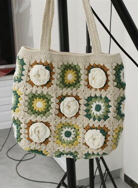 新款手工编织祖母方格单肩包创意钩针毛线包森系女士挎包个性简约